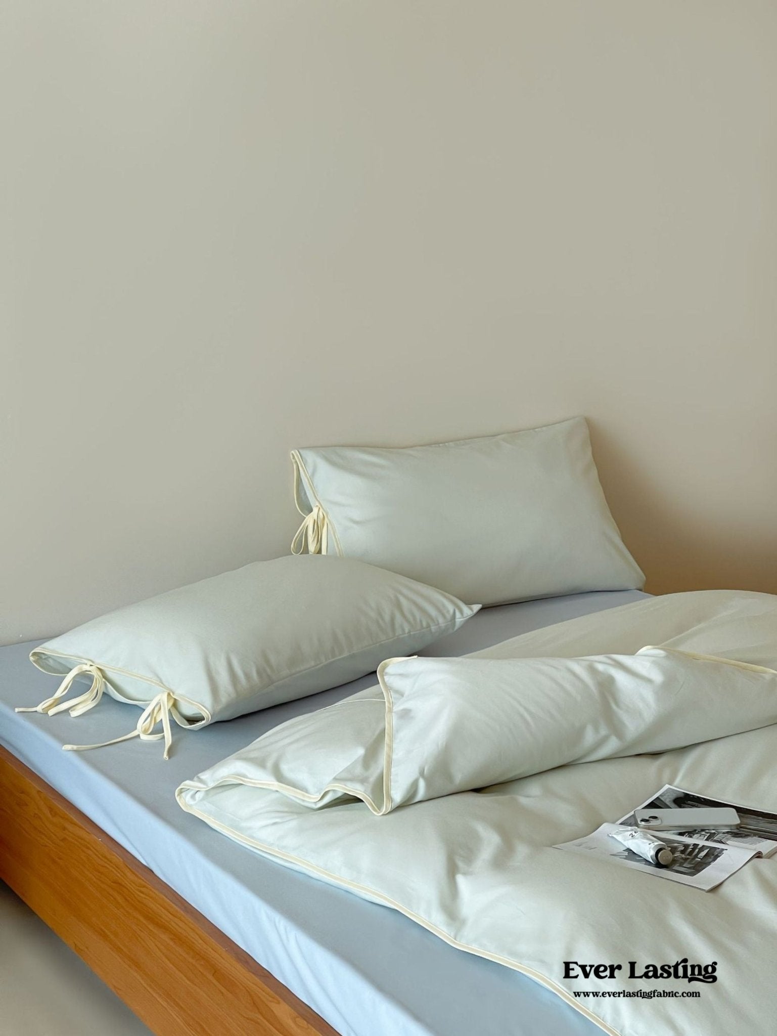 Chloe Minimalist Solid Tie Cotton Bedding Set / White with Mint Ties - Ever Lasting