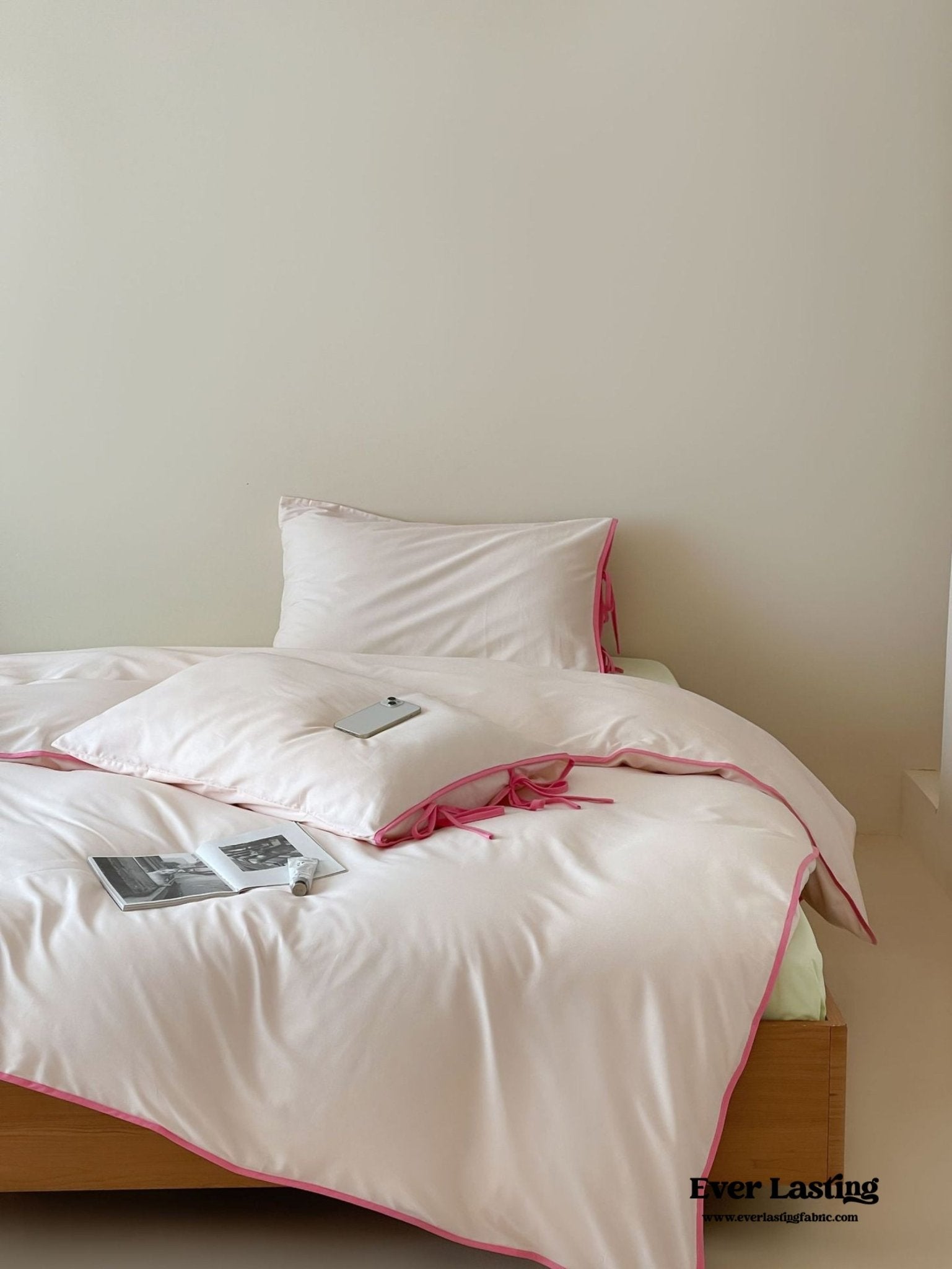 Chloe Minimalist Solid Tie Cotton Bedding Set / White with Mint Ties - Ever Lasting