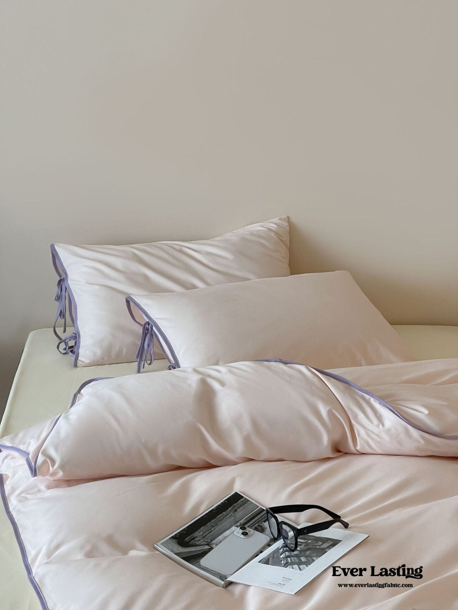 Chloe Minimalist Solid Tie Cotton Bedding Set / White with Mint Ties - Ever Lasting