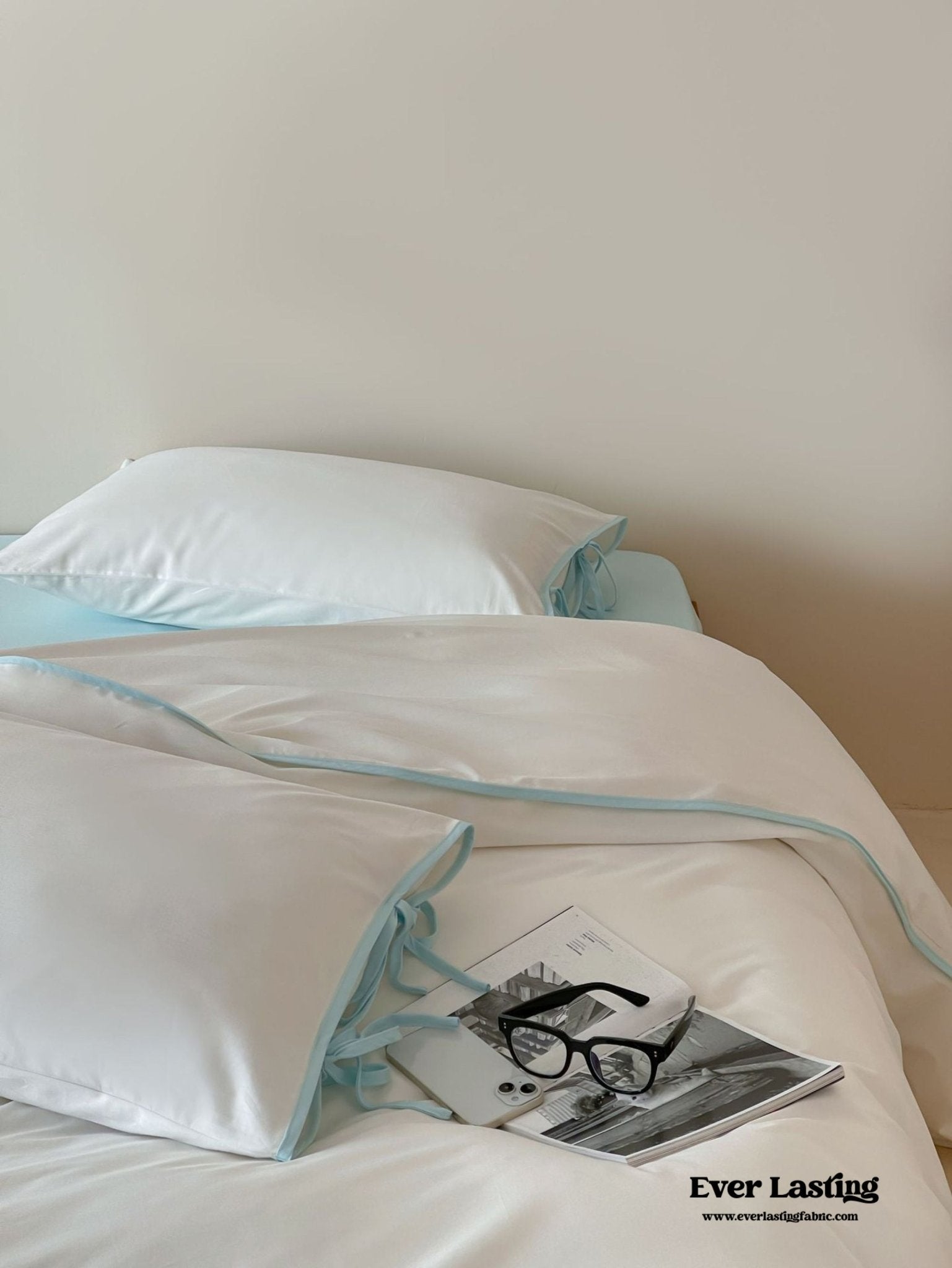 Chloe Minimalist Solid Tie Cotton Bedding Set / White with Mint Ties - Ever Lasting