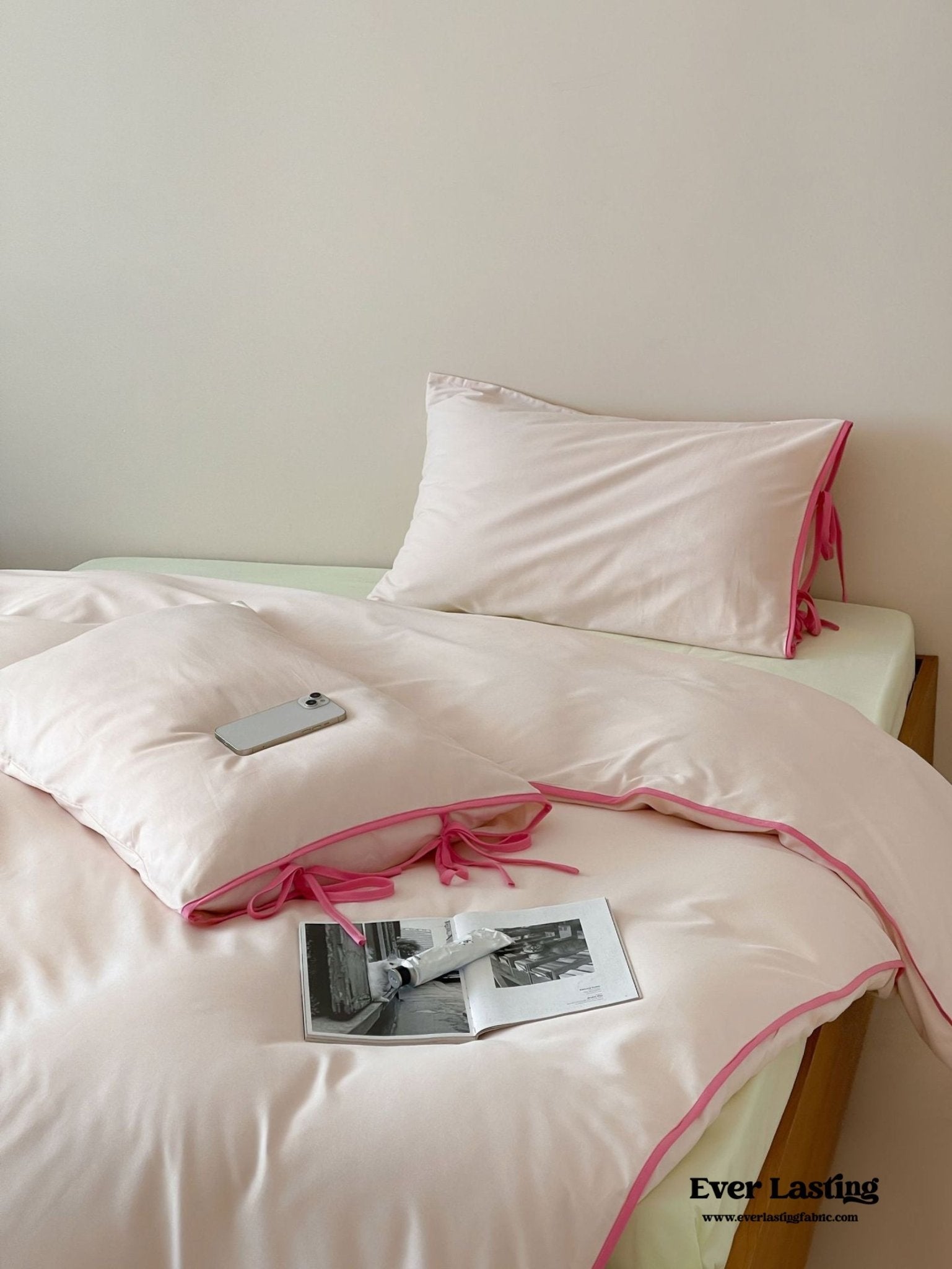 Chloe Minimalist Solid Tie Cotton Bedding Set / White with Mint Ties - Ever Lasting