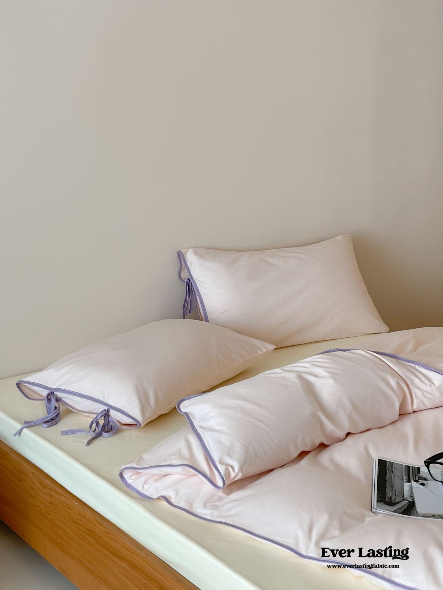 Chloe Minimalist Solid Tie Cotton Bedding Set / White with Mint Ties - Ever Lasting