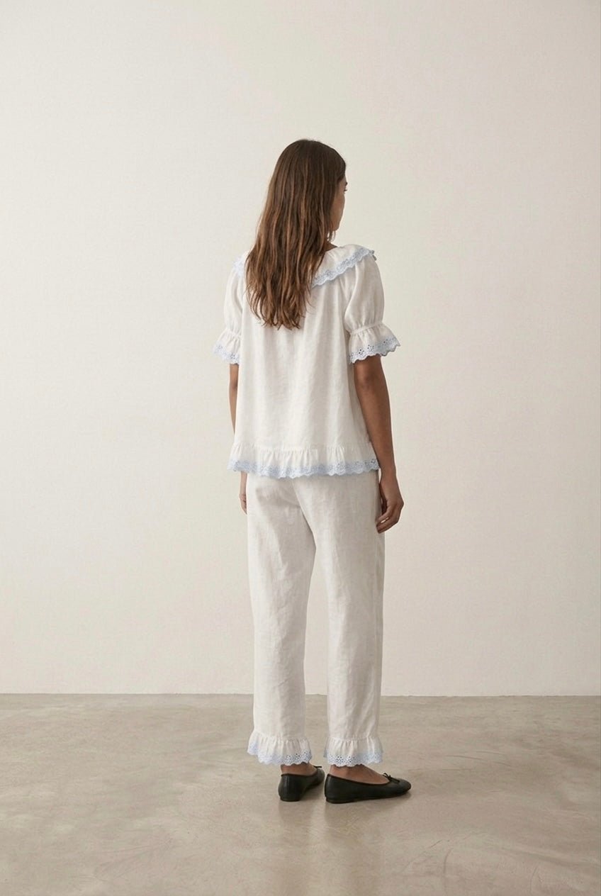 -Ever Lasting - Cloudberry Ruffle Short-Sleeved Top + Long Pants Pajama Set / White -Pajamas -Ever Lasting
