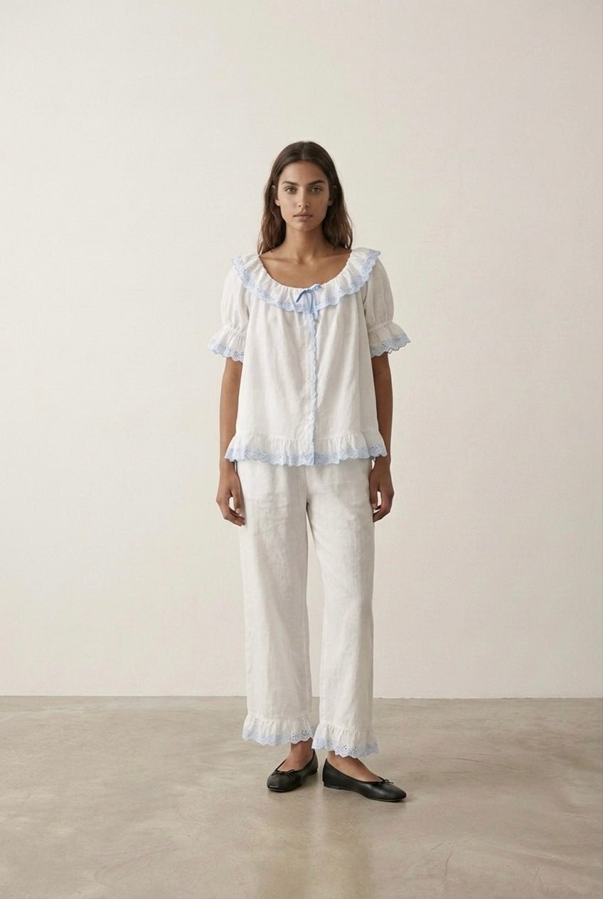 -Ever Lasting - Cloudberry Ruffle Short-Sleeved Top + Long Pants Pajama Set / White -Pajamas -Ever Lasting