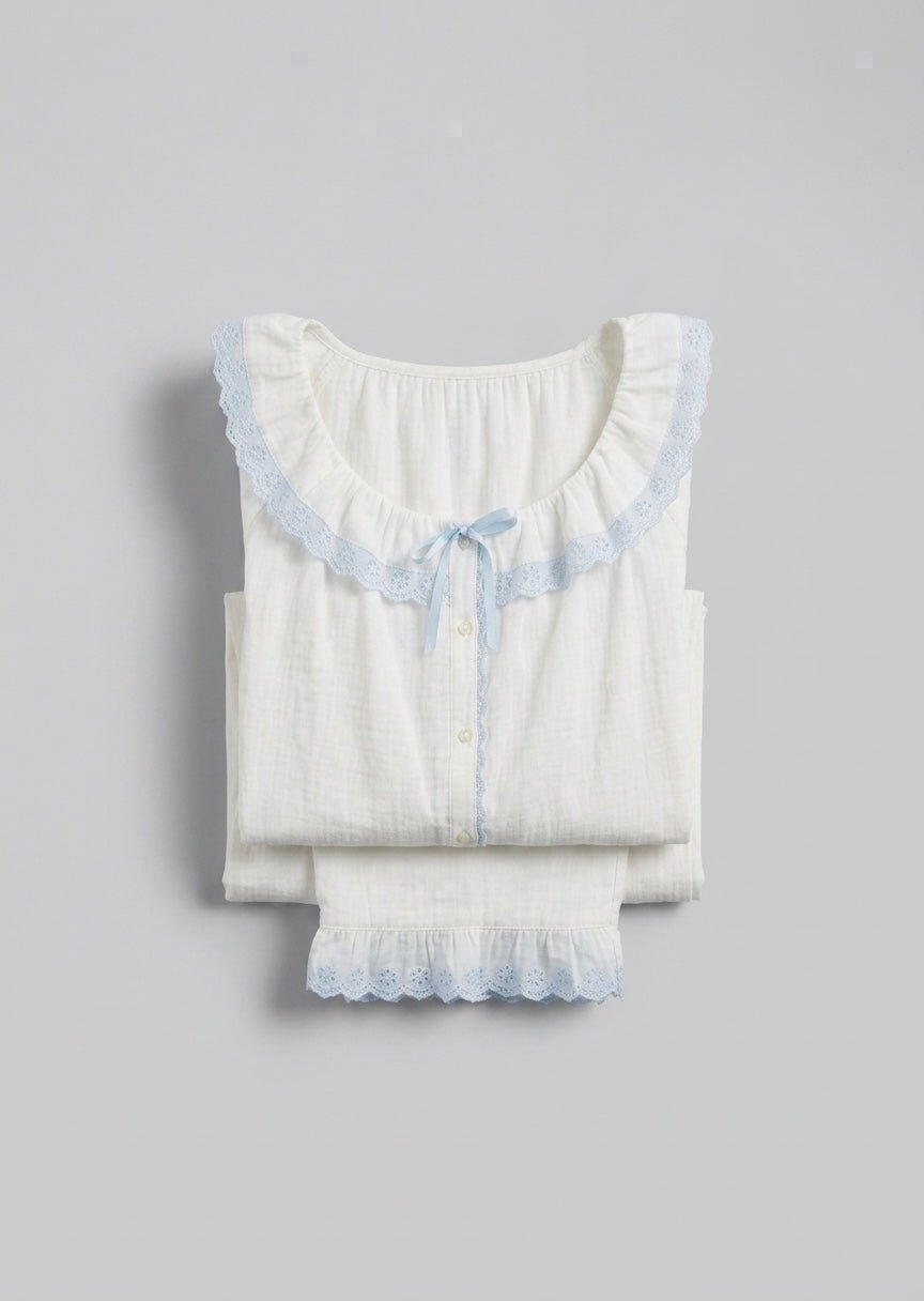 -Ever Lasting - Cloudberry Ruffle Short-Sleeved Top + Long Pants Pajama Set / White -Pajamas -Ever Lasting