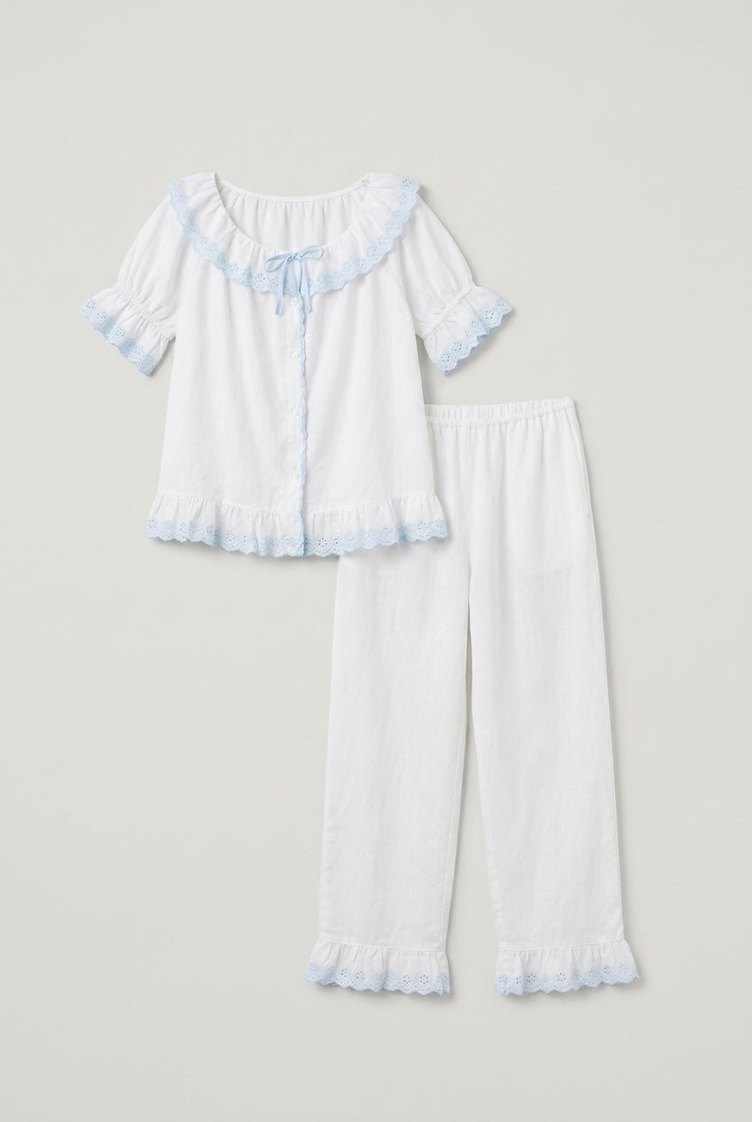 -Ever Lasting - Cloudberry Ruffle Short-Sleeved Top + Long Pants Pajama Set / White -Pajamas -Ever Lasting