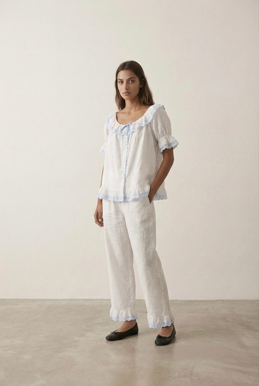 -Ever Lasting - Cloudberry Ruffle Short-Sleeved Top + Long Pants Pajama Set / White -Pajamas -Ever Lasting