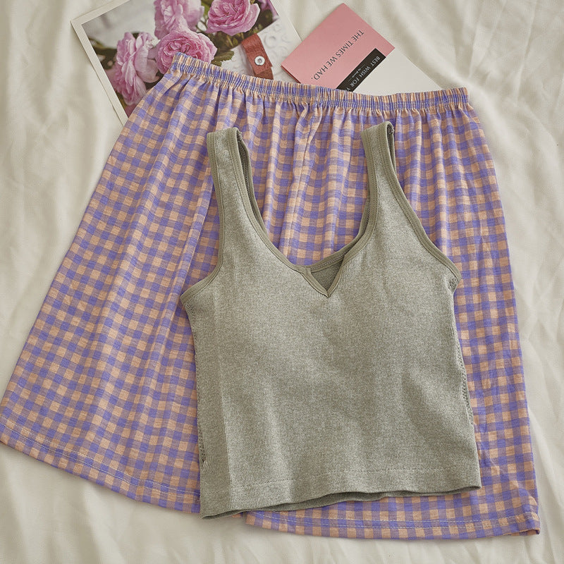 Comfy Padded Tank Shorts Set / Blue Top + Green Gingham Gray [Tank Purple Shorts] One Size