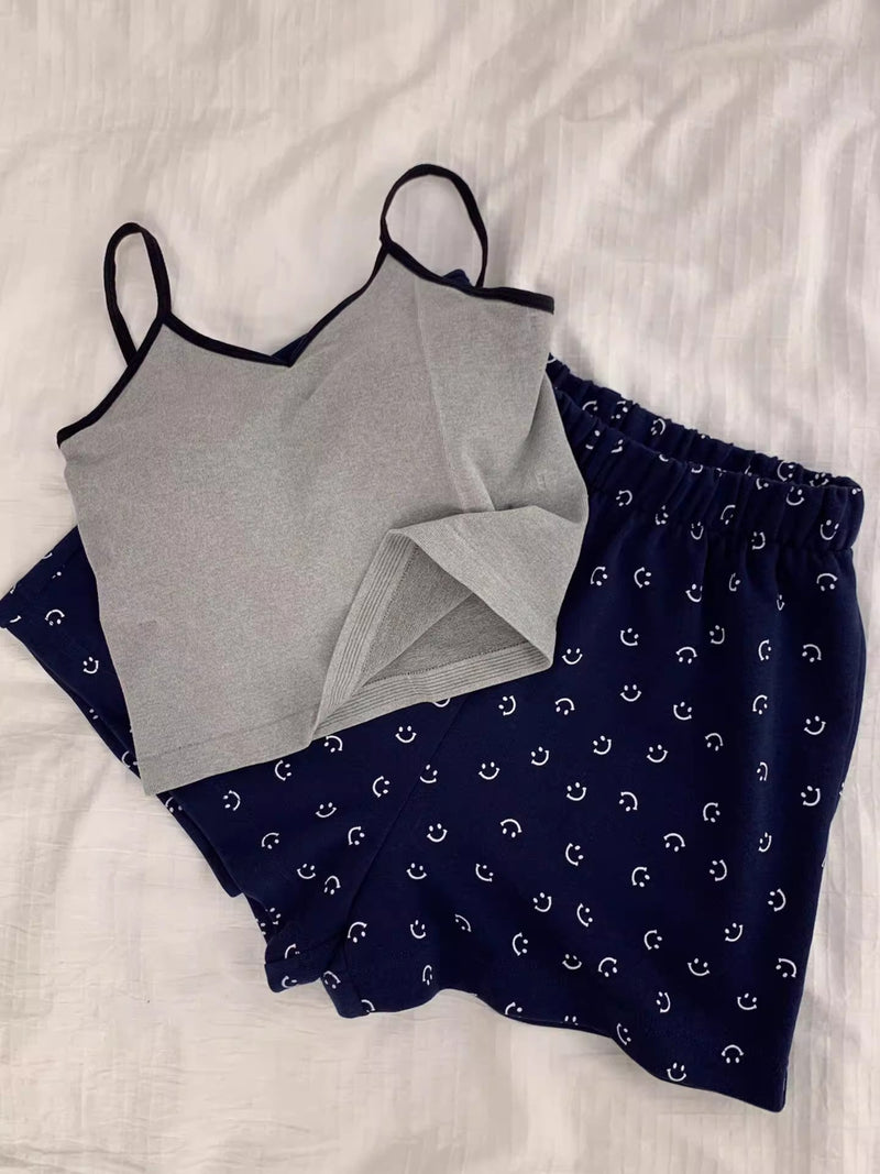 Comfy Padded Tank Shorts Set / Blue Top + Green Gingham Gray [Tank Smiley Shorts] One Size