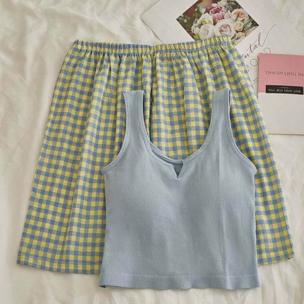 Comfy Padded Tank Shorts Set / Blue Top + Green Gingham [Tank Shorts] One Size