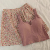 Comfy Padded Tank Shorts Set / Blue Top + Green Gingham Pink [Tank Floral Shorts] One Size