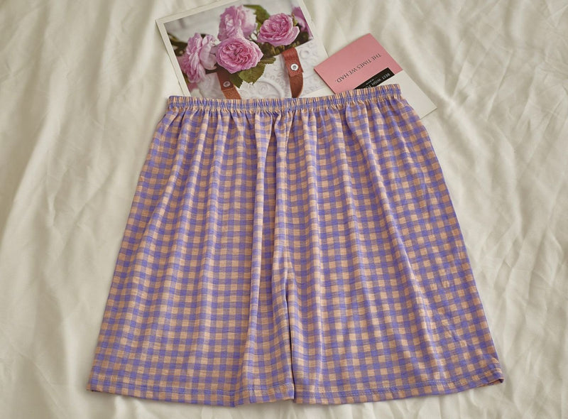 Comfy Padded Tank Shorts Set / Blue Top + Green Gingham Purple Plaid [Shorts Only] One Size