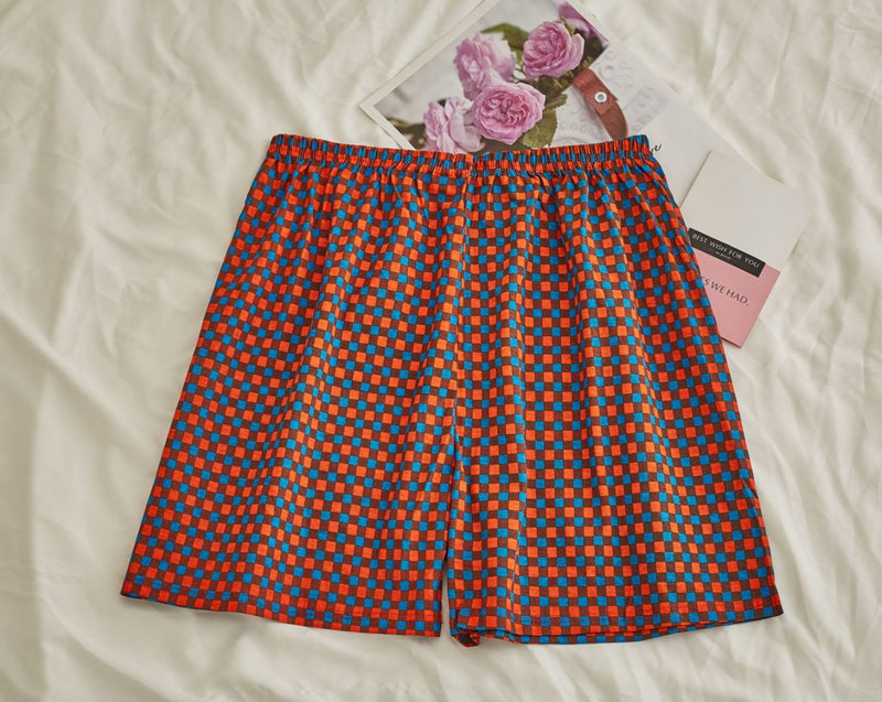 Comfy Padded Tank Shorts Set / Blue Top + Green Gingham Red Check [Shorts Only] One Size