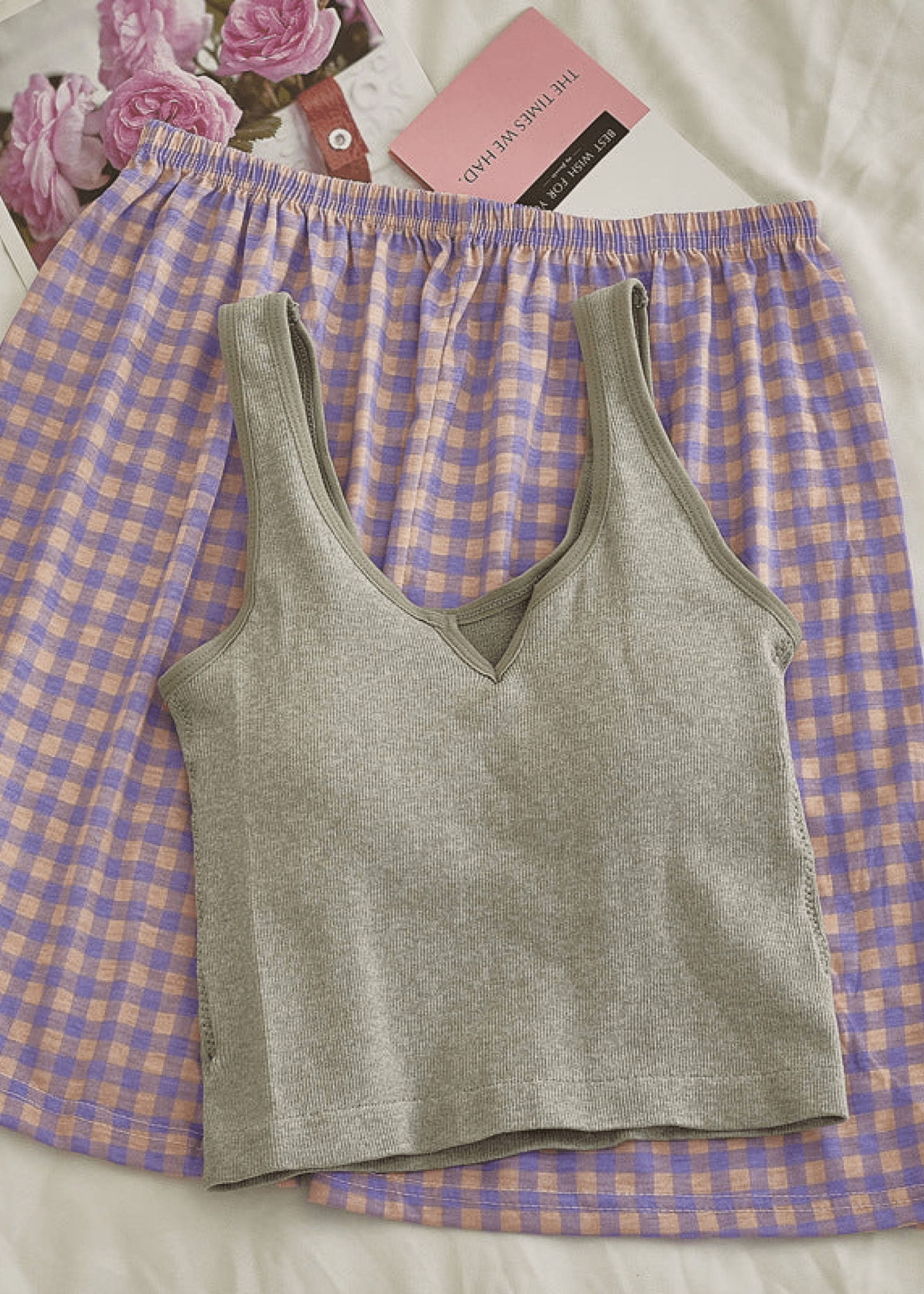  - Ever Lasting - Comfy Padded Tank Shorts Set / Blue Top + Green Gingham - Tank Top - Ever Lasting