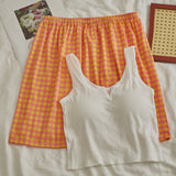 Comfy Padded Tank Shorts Set / Blue Top + Green Gingham White [Tank Shorts] One Size