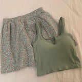 Comfy Padded Tank Shorts Set / Gray Top + Purple Gingham Green [Tank Floral Shorts] One Size