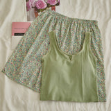 Comfy Padded Tank Shorts Set / Gray Top + Purple Gingham Green [Tank Shorts] One Size
