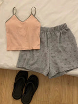 Comfy Padded Tank Shorts Set / Gray Top + Purple Gingham Pink [Tank Smiley Shorts] One Size