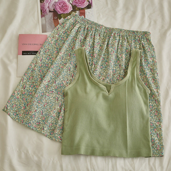 Comfy Padded Tank Shorts Set / Green Floral [Tank + Shorts] One Size Top