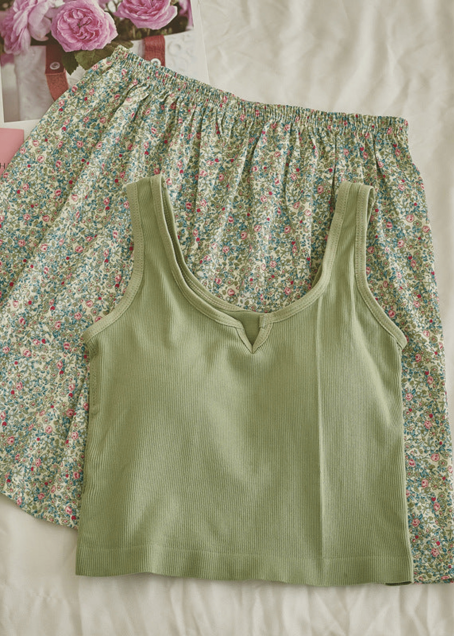  - Ever Lasting - Comfy Padded Tank Shorts Set / Green Floral - Tank Top - Ever Lasting