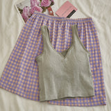Comfy Padded Tank Shorts Set / Pink Floral Gray [Tank + Purple Shorts] One Size Top