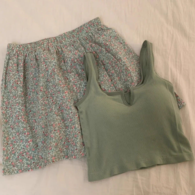 Comfy Padded Tank Shorts Set / Pink Floral Green [Tank + Shorts] One Size Top