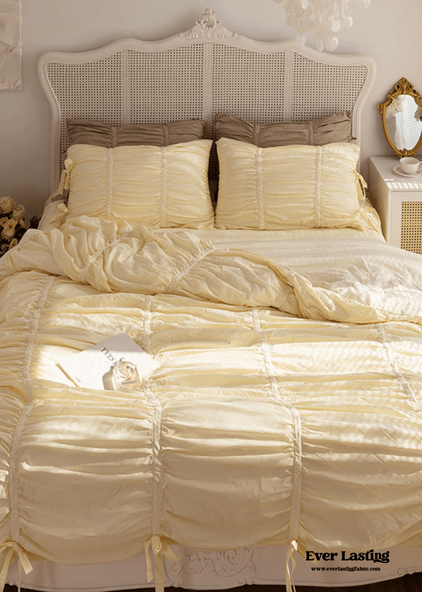 Coquette Ruffle Ribbon Ties Duvet Cover / White - Ever Lasting