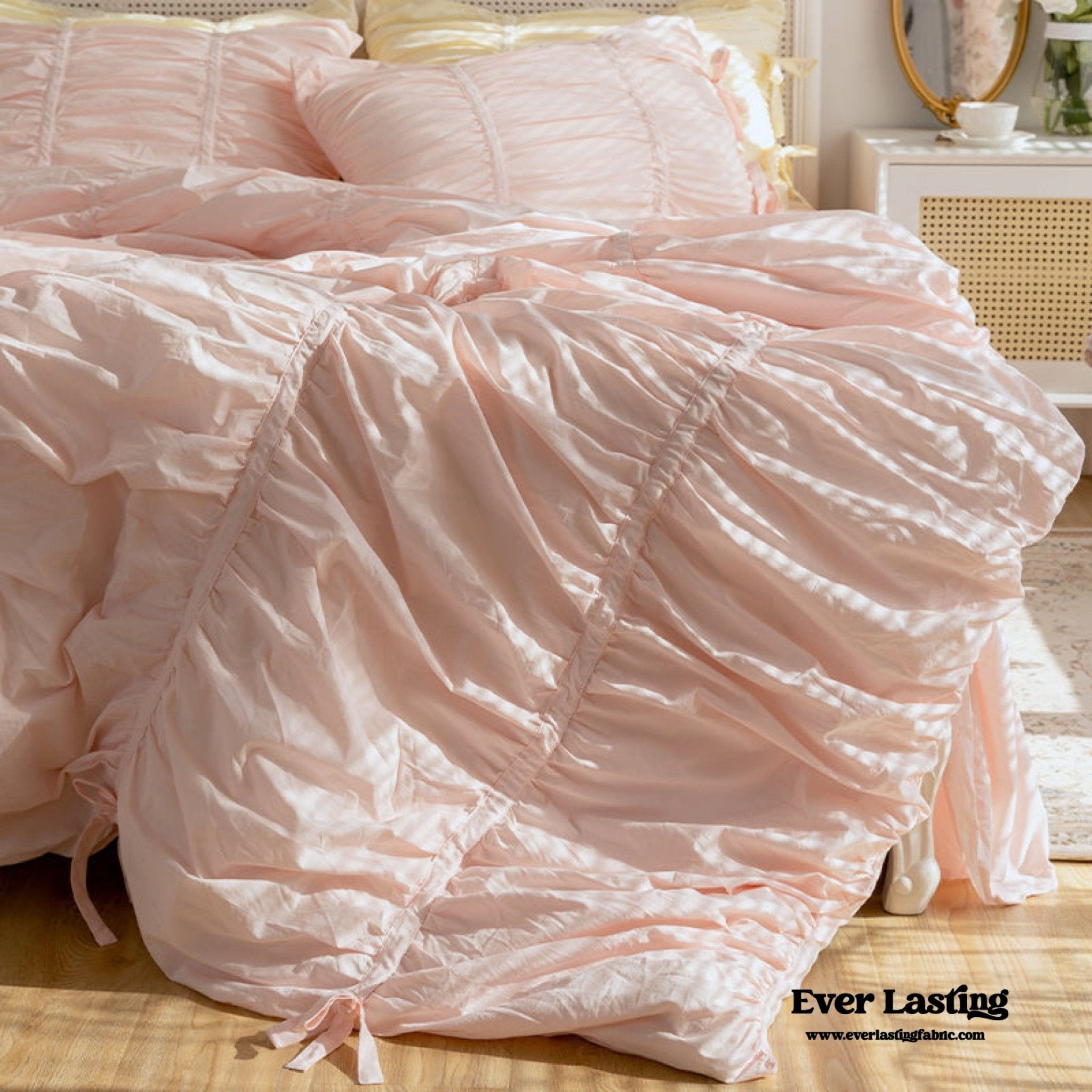 Coquette Ruffle Ribbon Ties Duvet Cover / White - Ever Lasting