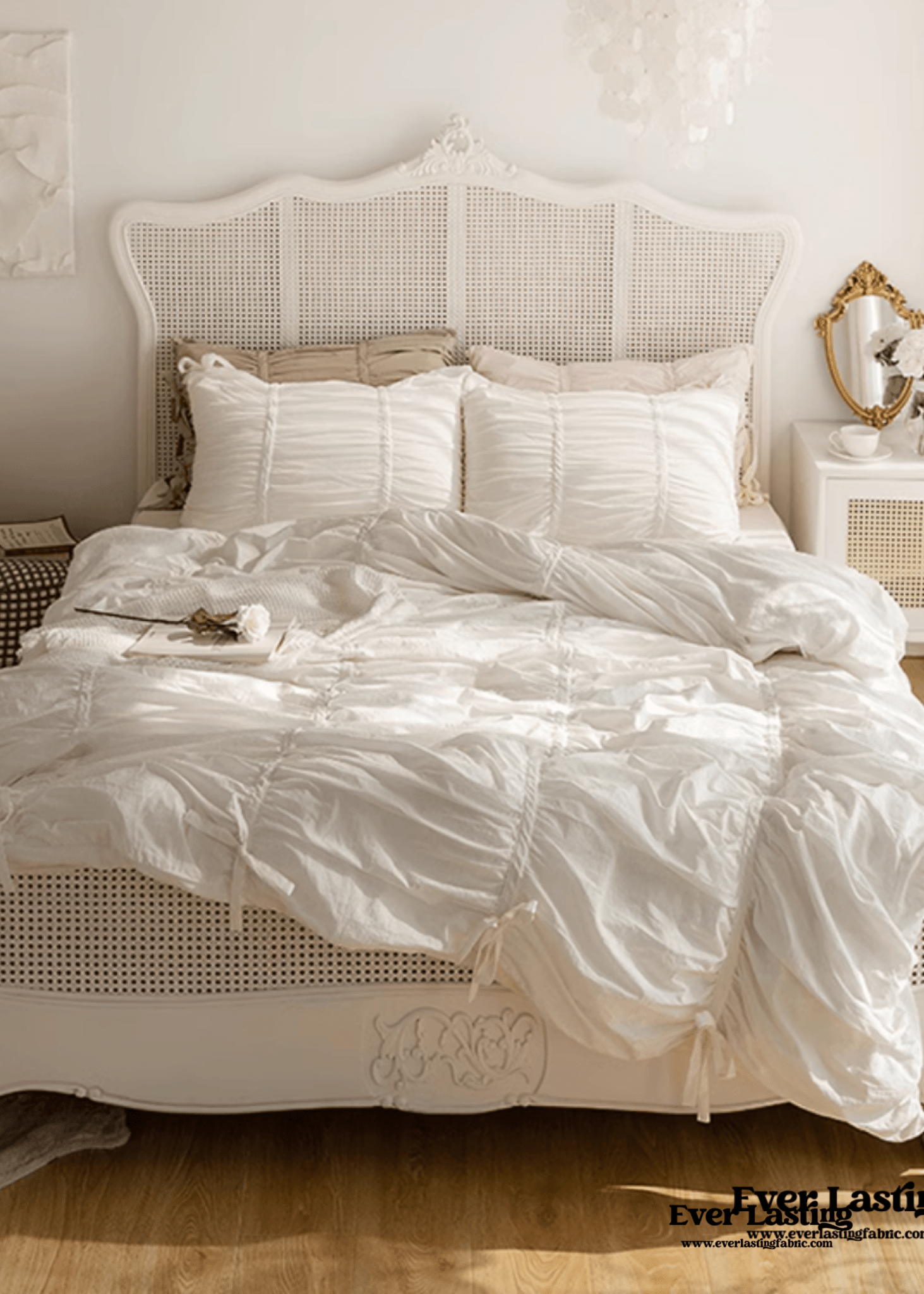 Coquette Ruffle Ribbon Ties Duvet Cover / White - Ever Lasting