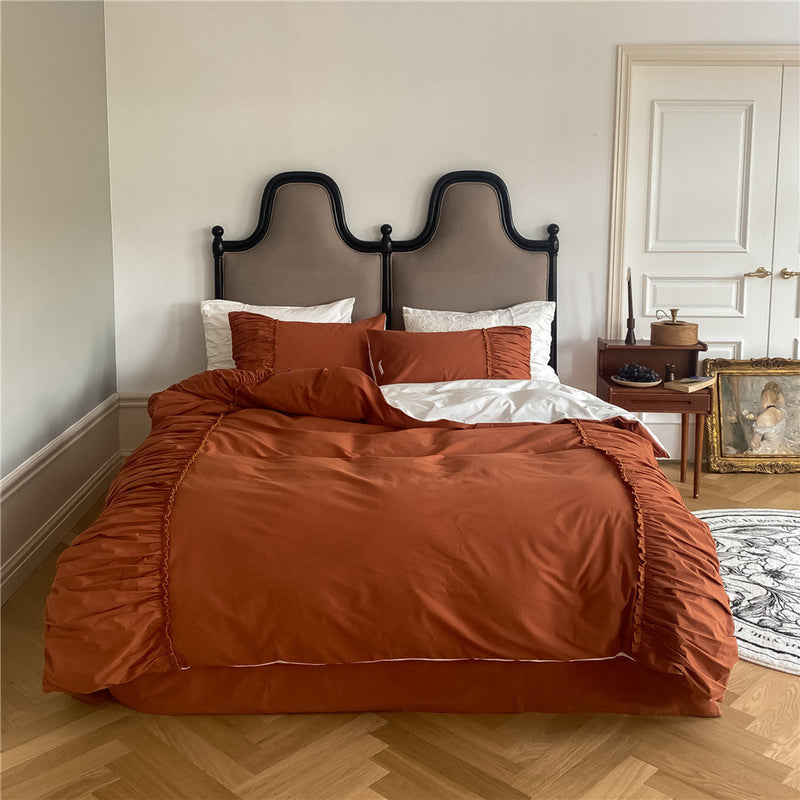 Coquette Solid Textured Washed Cotton Ruffle Bedding Set / Burnt Orange Medium Fitted