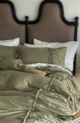 Coquette Solid Textured Washed Cotton Ruffle Bedding Set / Moss Green