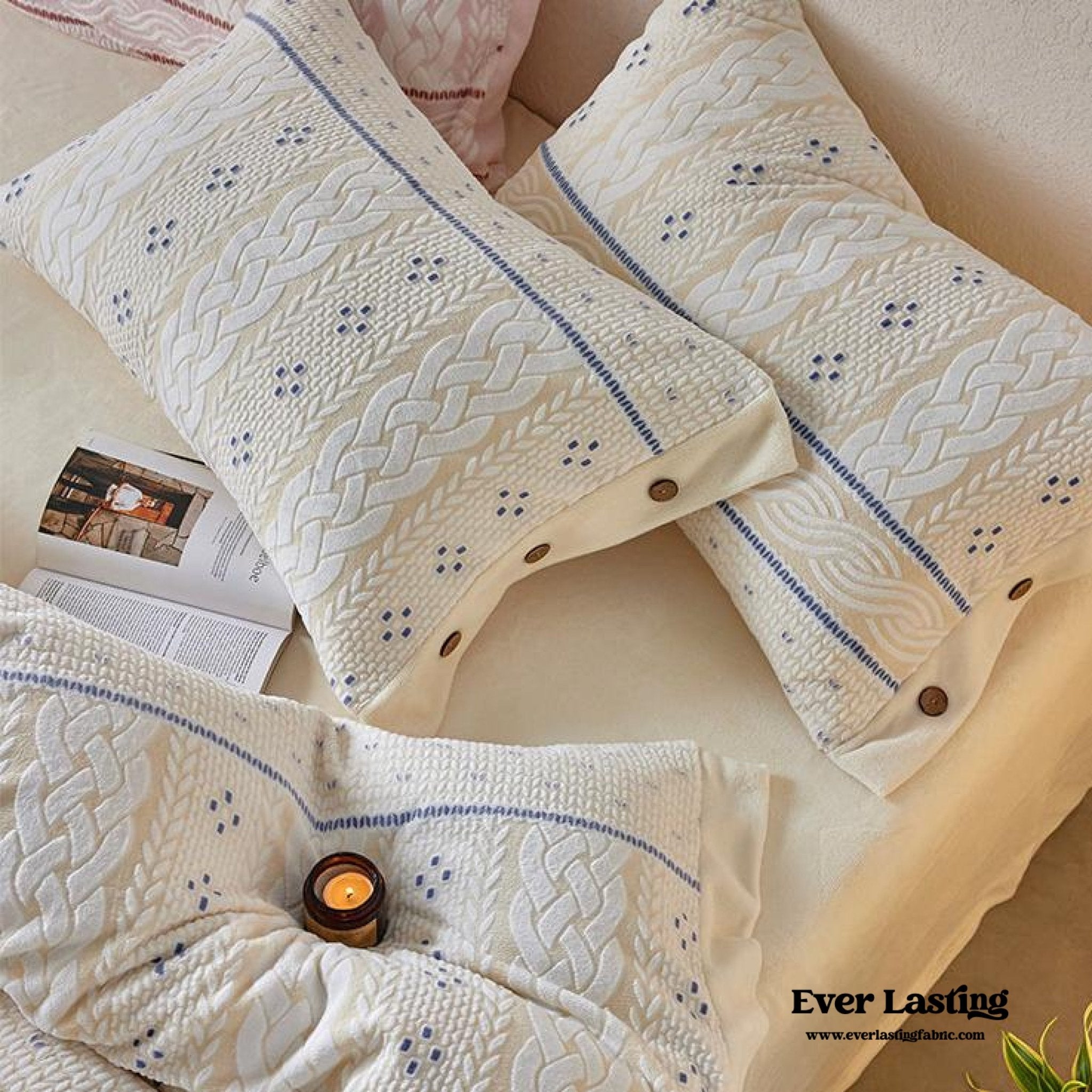 Cottage Braided Button Velvet Bedding Set / Cream - Ever Lasting