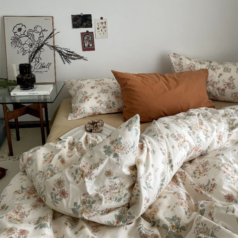 Cottage Floral Bedding Set / Beige Brown Orange Small Fitted