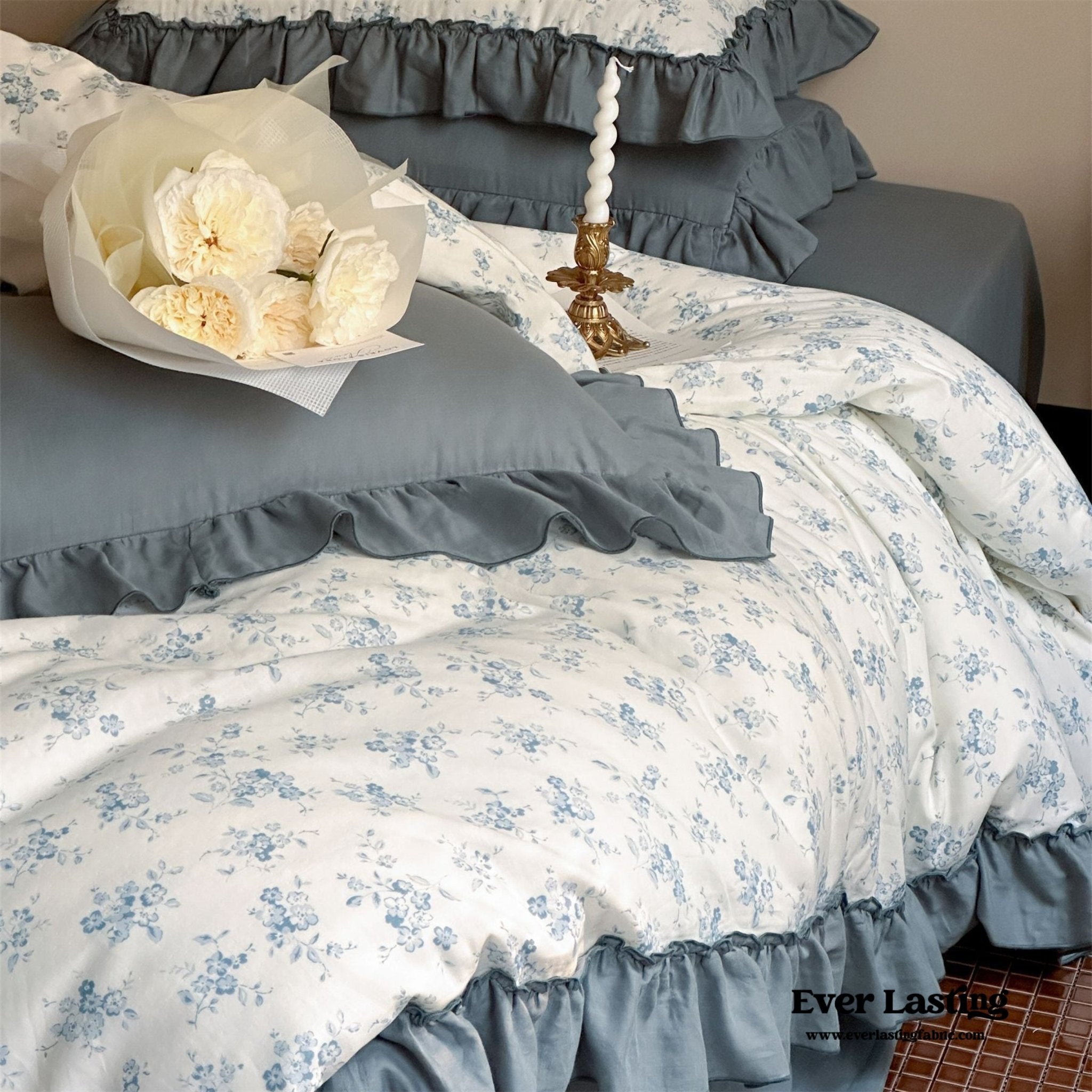 Cottage Inspired Ruffle Bedding Set / Ash Blue - Ever Lasting