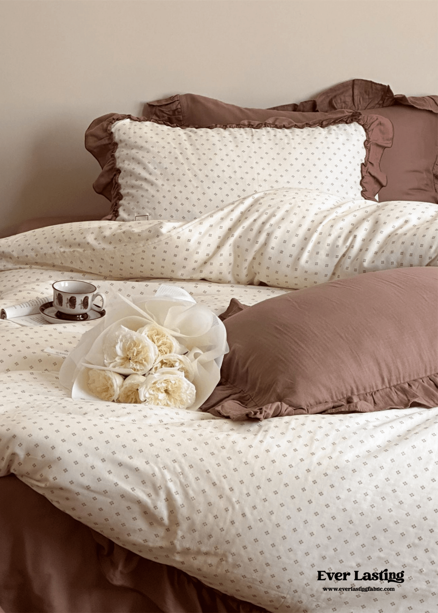 Cottage Inspired Ruffle Bedding Set / Soft Brown - Ever Lasting