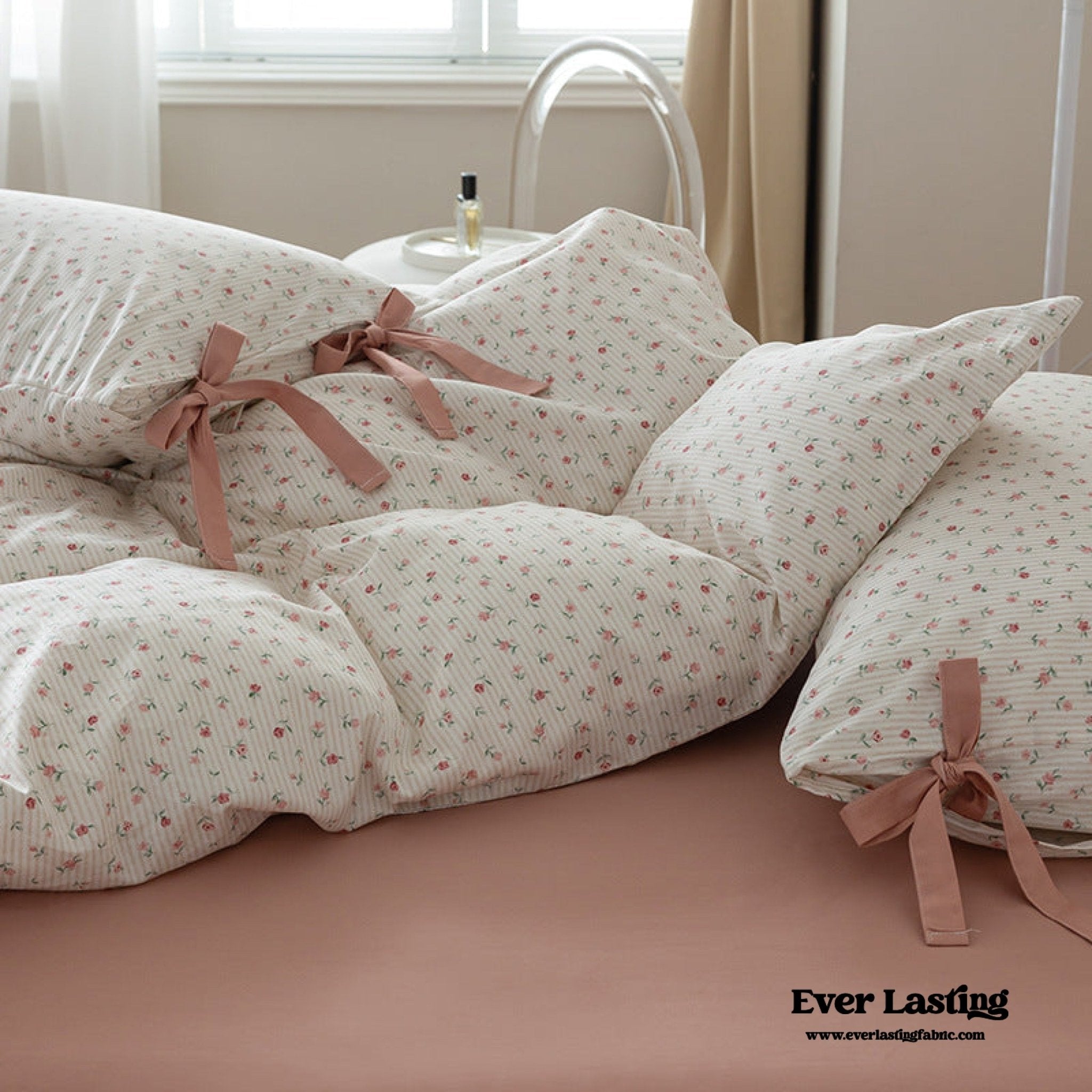 Cottage Ribbon Bow Tie Floral Bedding Set / Rust Pink - Ever Lasting