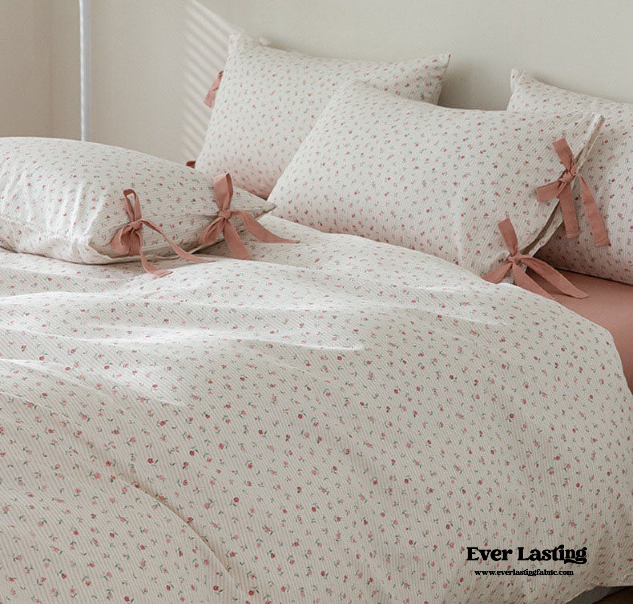 Cottage Ribbon Bow Tie Floral Bedding Set / Rust Pink - Ever Lasting