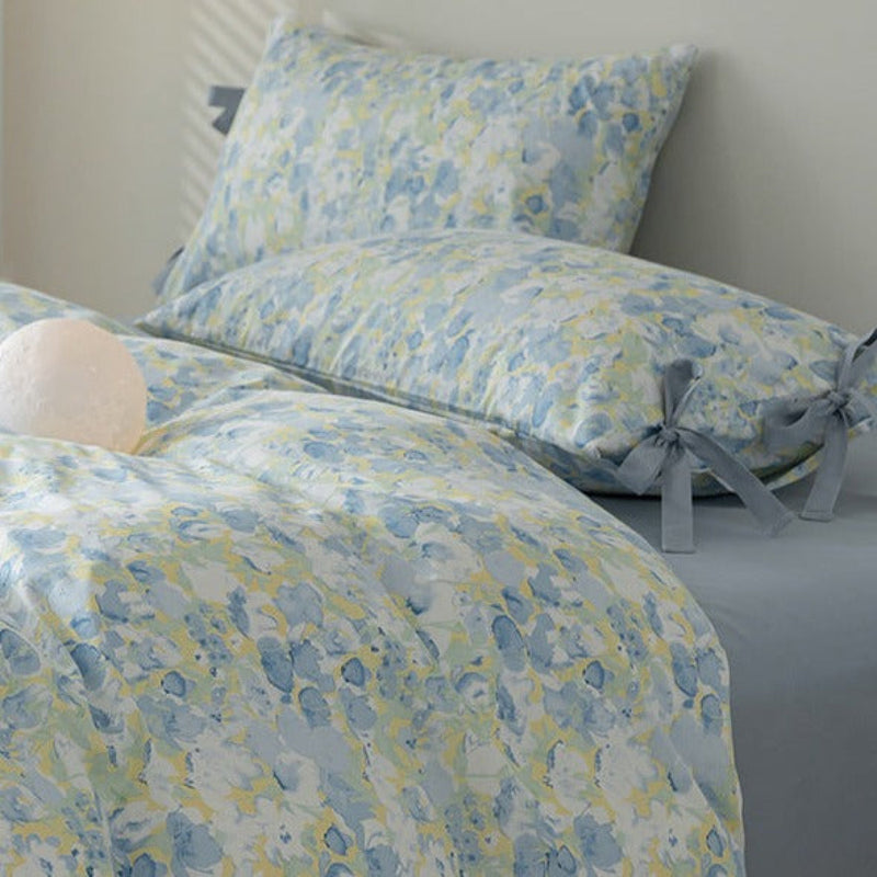 Cottage Ribbon Bow Tie Floral Bedding Set Blue / Small Flat