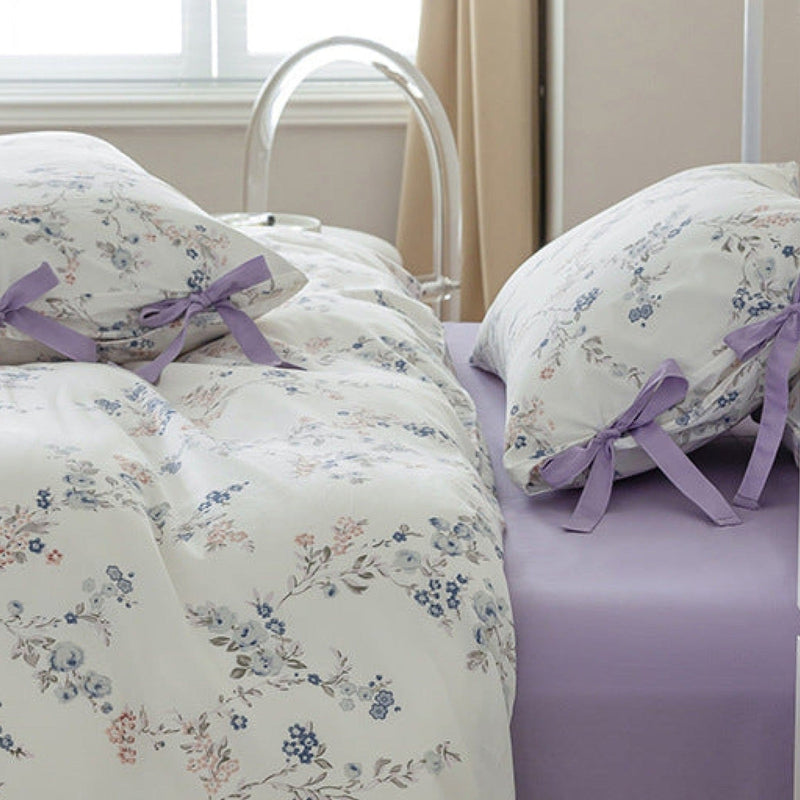 Cottage Ribbon Bow Tie Floral Bedding Set Purple / Small Flat
