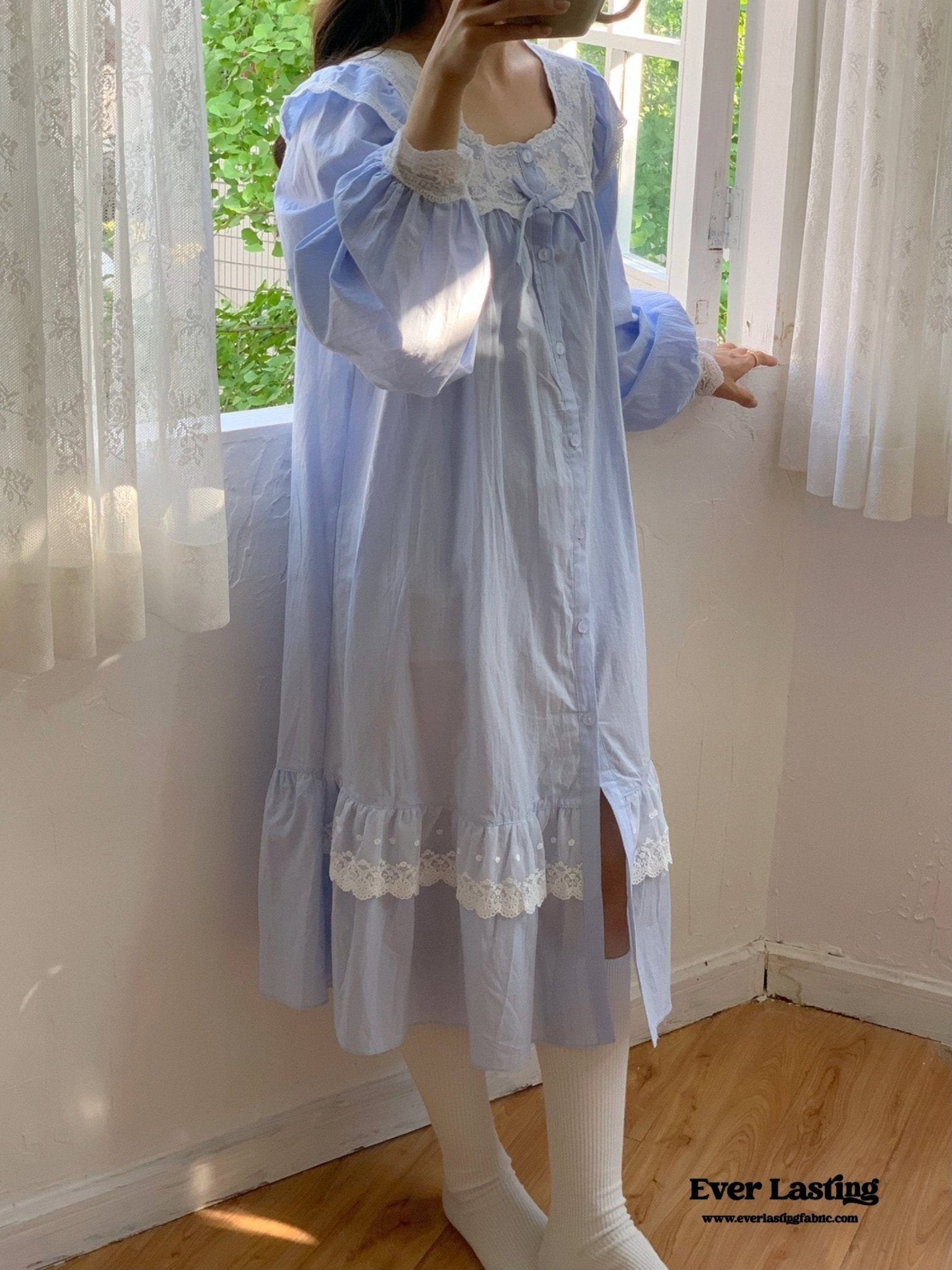 Cottage Ruffle Lace Nightgown Dress Blue Ever Lasting