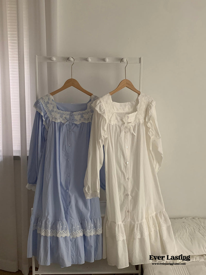 Cottage Ruffle Lace Nightgown Dress / Blue Pajama