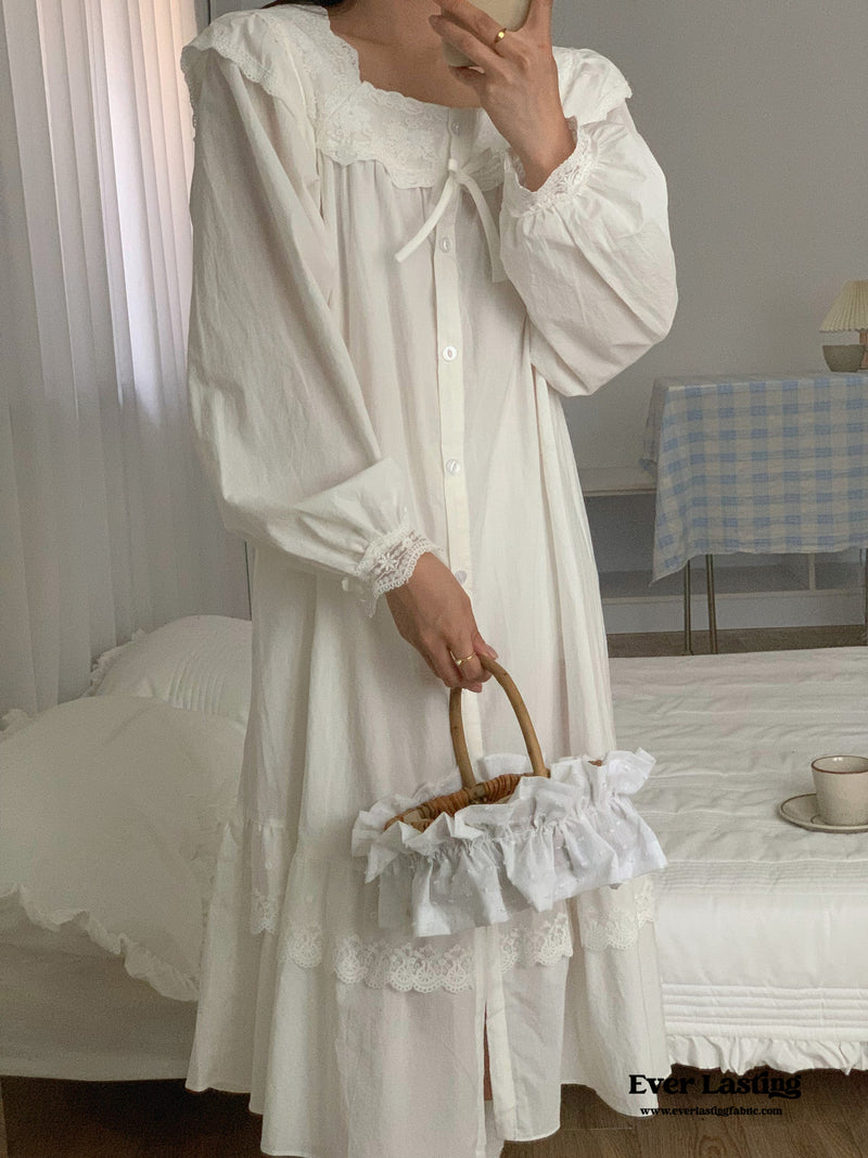 Cottage Ruffle Lace Nightgown Dress / White Pajama