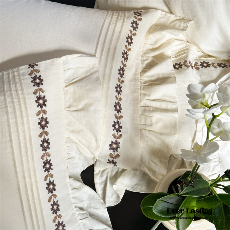 Cottagecore French Embroidered Floral Ruffle Bedding Bundle