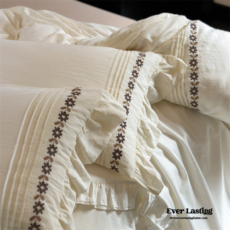 Cottagecore French Embroidered Floral Ruffle Bedding Set