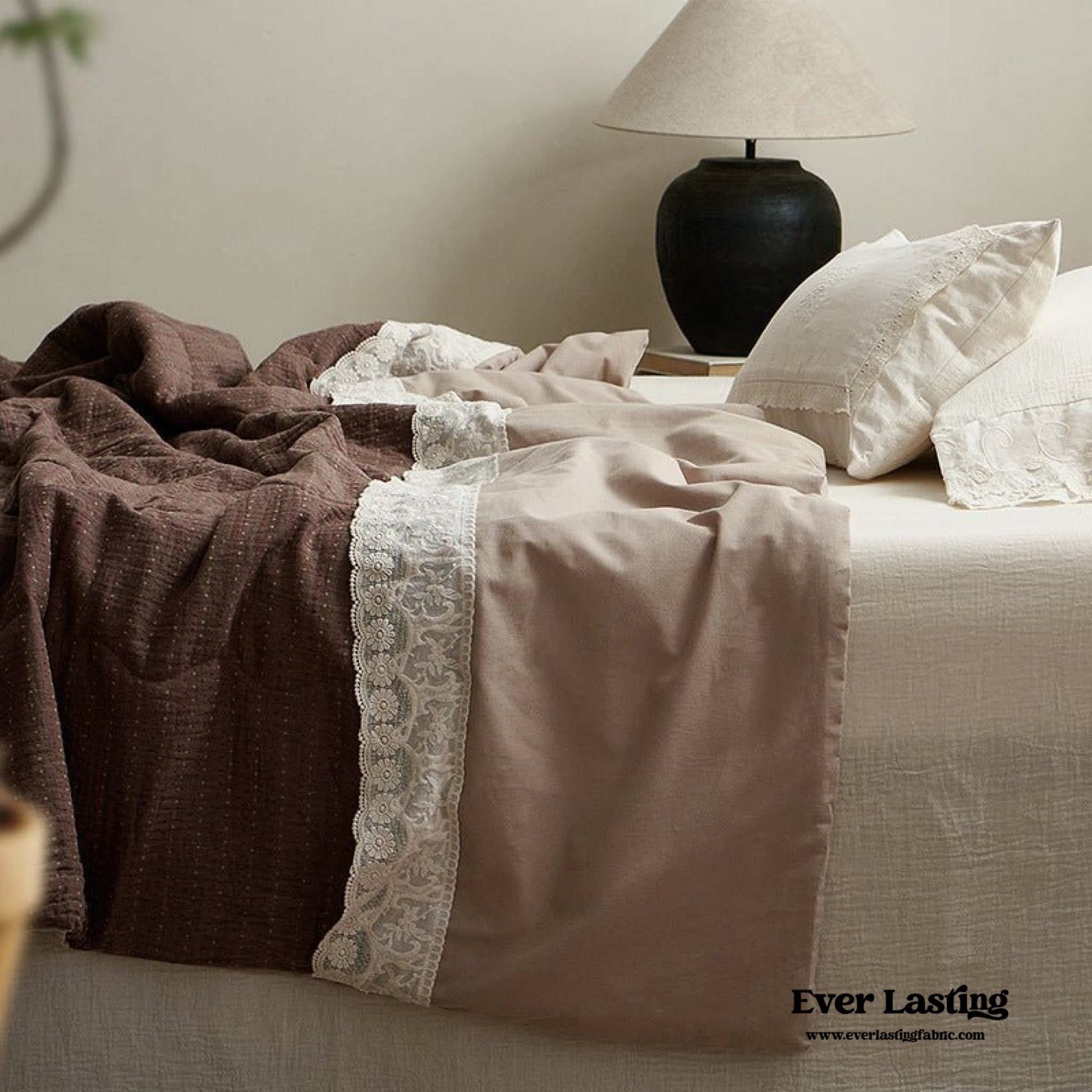 Cotton Quilt with Lace Trim – Soft Textured Bed Blanket for All Seasons / Red & Brown - Ever Lasting