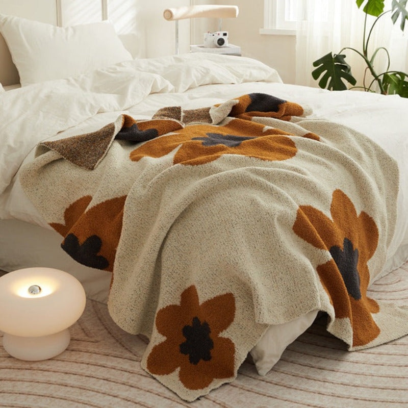 Cozy Earth Tone Floral Blanket / Gray + Beige Orange One Size Blankets
