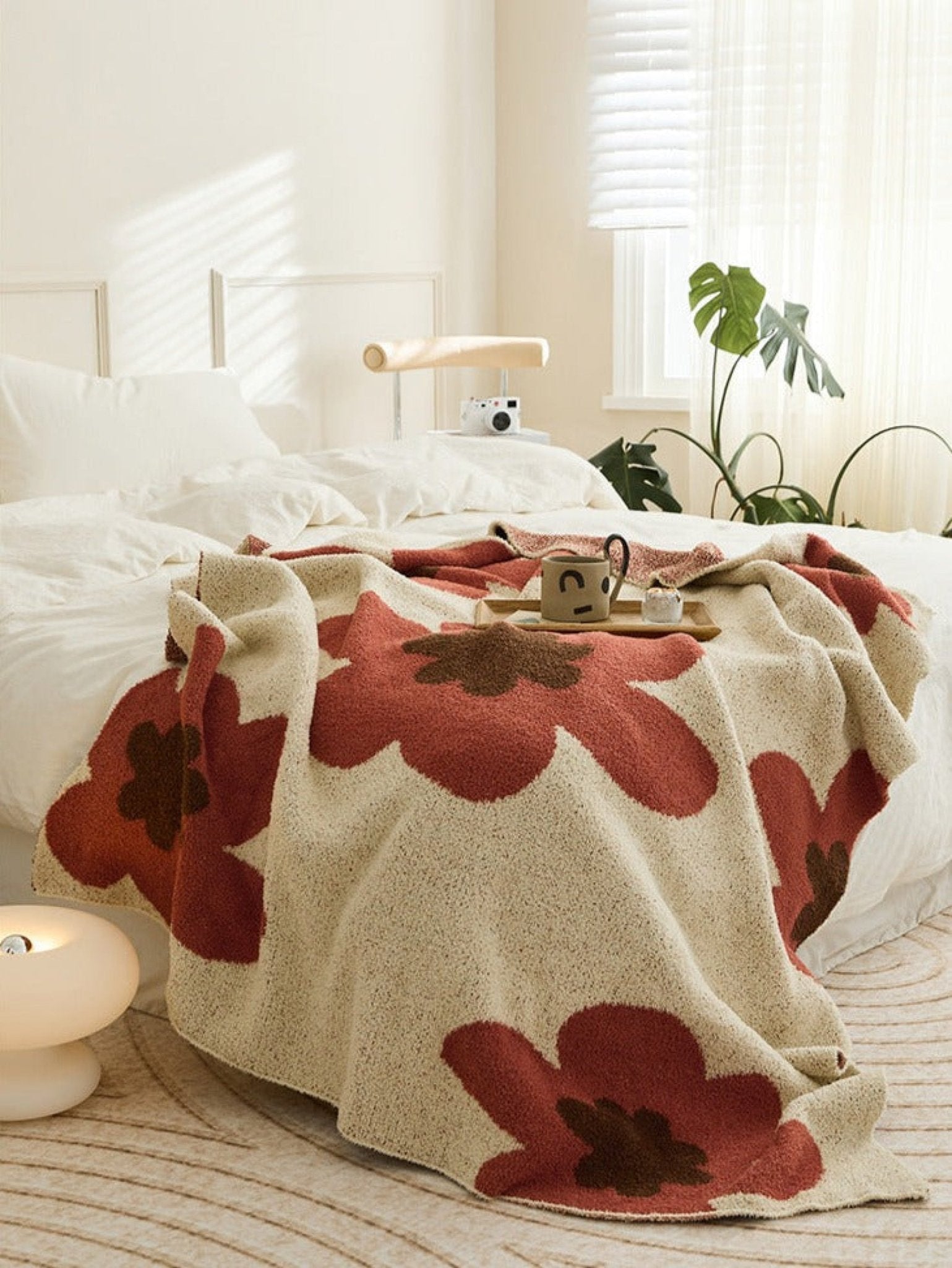 Cozy Earth Tone Floral Blanket / Orange + Beige - Ever Lasting