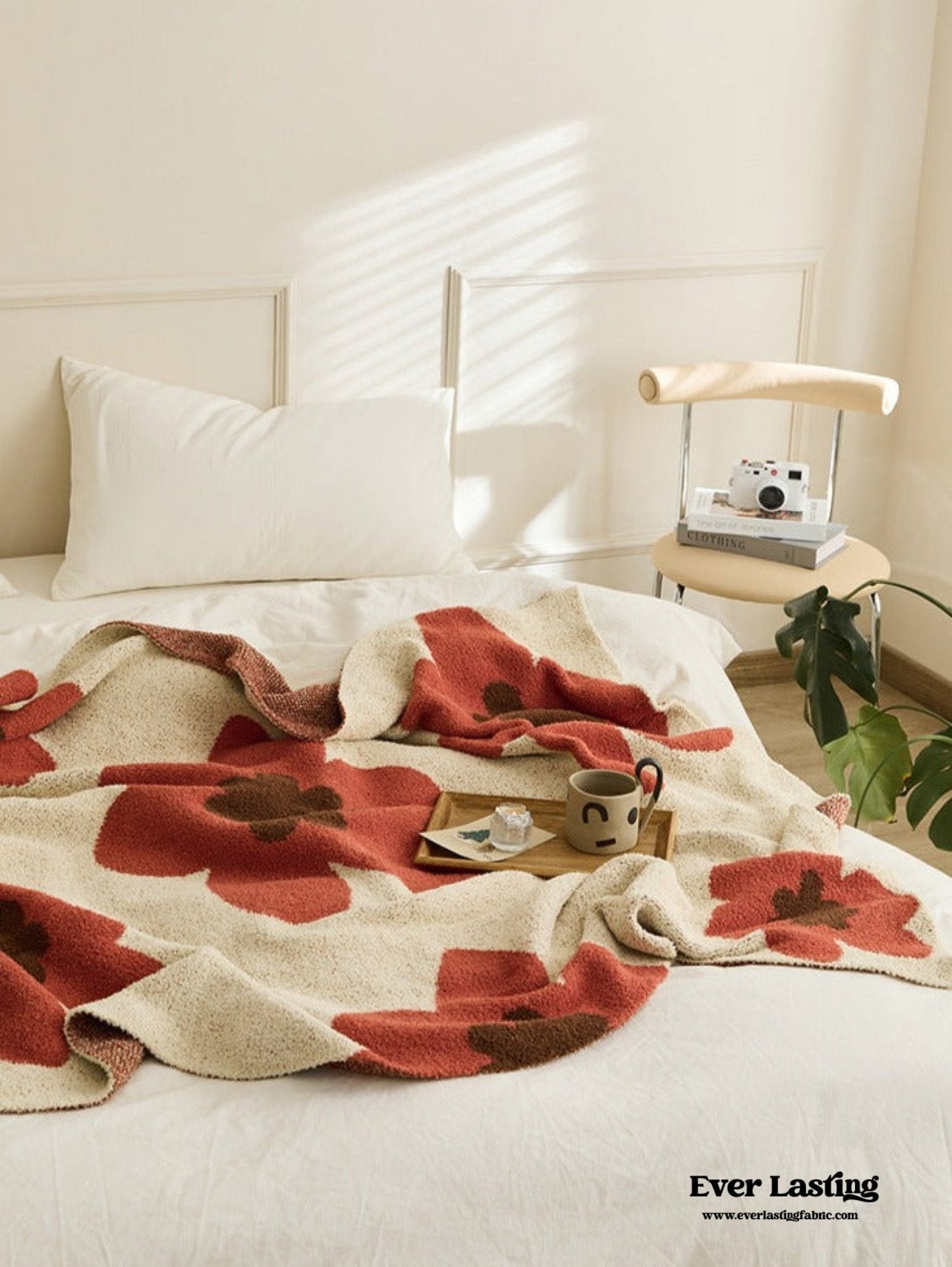 Cozy Earth Tone Floral Blanket / Orange + Beige - Ever Lasting