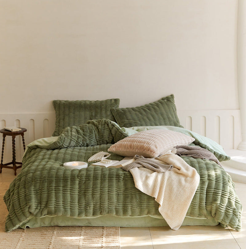 Cozy Earth Tone Milk Velvet Bedding Set / Beige Khaki Green Medium Flat