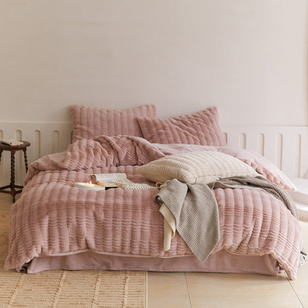 Cozy Earth Tone Milk Velvet Bedding Set / Pink Medium Flat